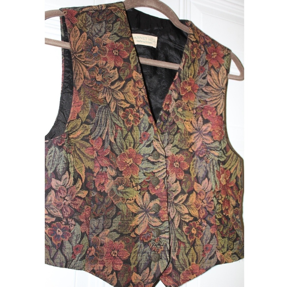 Garnet Hill Natural Fibers Floral‎ Tapestry Vest Vintage Button Front Cinch Back - Picture 9 of 10